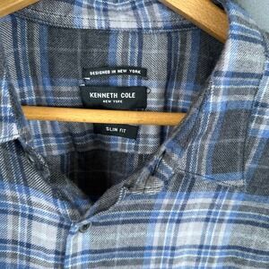Kenneth Cole New York Mens Techni-Cole Slim Fit Plaid Woven Shirt Grey  XL